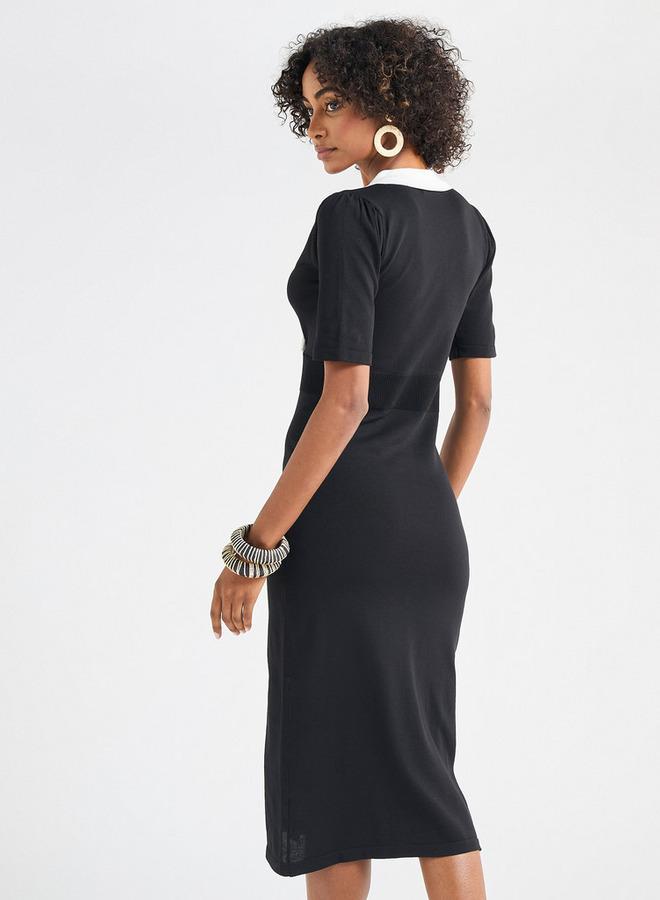 سبلاش فيڤ فستان سادة بياقة طويلة وأكمام قصيرة وتفاصيل أزرار - Image 3