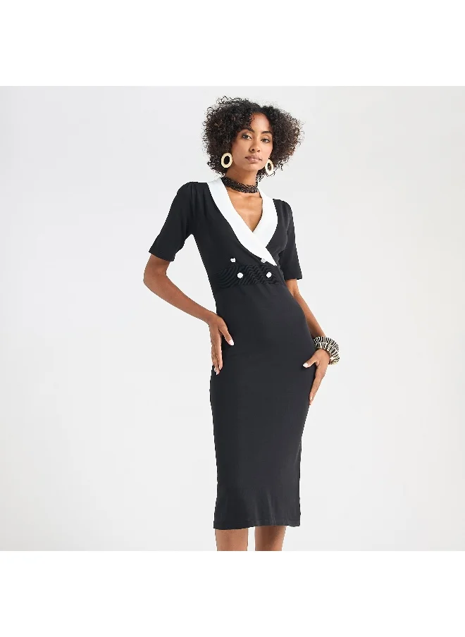 FAV Solid Lapel Dress with Short Sleeves and Button Detail