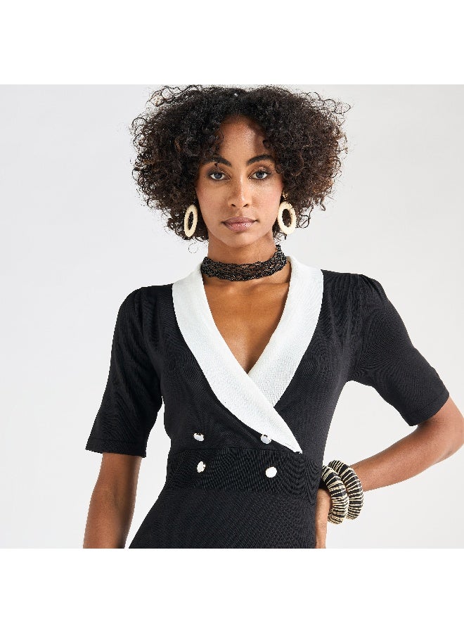 سبلاش فيڤ فستان سادة بياقة طويلة وأكمام قصيرة وتفاصيل أزرار - Image 4