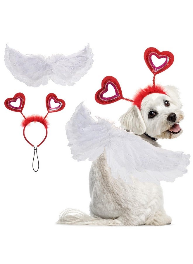 كولتيل زي عيد الحب من KOOLTAIL، زي عصابة رأس على شكل قلب بأجنحة من الريش للكلاب الصغيرة والمتوسطة والكبيرة والقطط والجراء، زي لطيف ومضحك باللونين الأبيض والأحمر لحفلات العطلات - Image 1