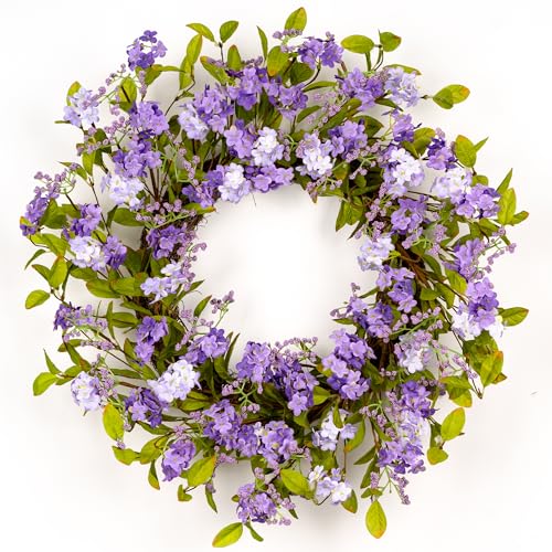 YUGALI 22" Spring Summer Wreath for Front Door, Artificial Lush Floral Purple Lilac Flowers Blooms Green Leaves Grapevine Base, Outdoor Indoor Wall Mount Home Decor - Image 1