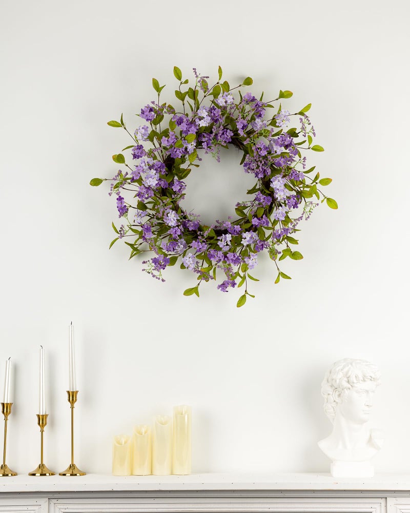 YUGALI 22" Spring Summer Wreath for Front Door, Artificial Lush Floral Purple Lilac Flowers Blooms Green Leaves Grapevine Base, Outdoor Indoor Wall Mount Home Decor - Image 3
