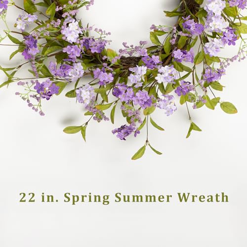 YUGALI 22" Spring Summer Wreath for Front Door, Artificial Lush Floral Purple Lilac Flowers Blooms Green Leaves Grapevine Base, Outdoor Indoor Wall Mount Home Decor - Image 4