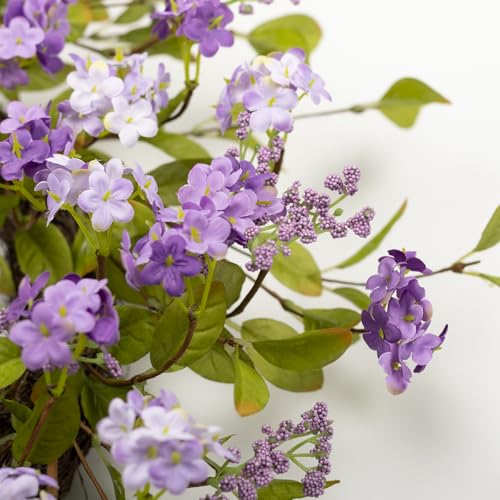 YUGALI 22" Spring Summer Wreath for Front Door, Artificial Lush Floral Purple Lilac Flowers Blooms Green Leaves Grapevine Base, Outdoor Indoor Wall Mount Home Decor - Image 5