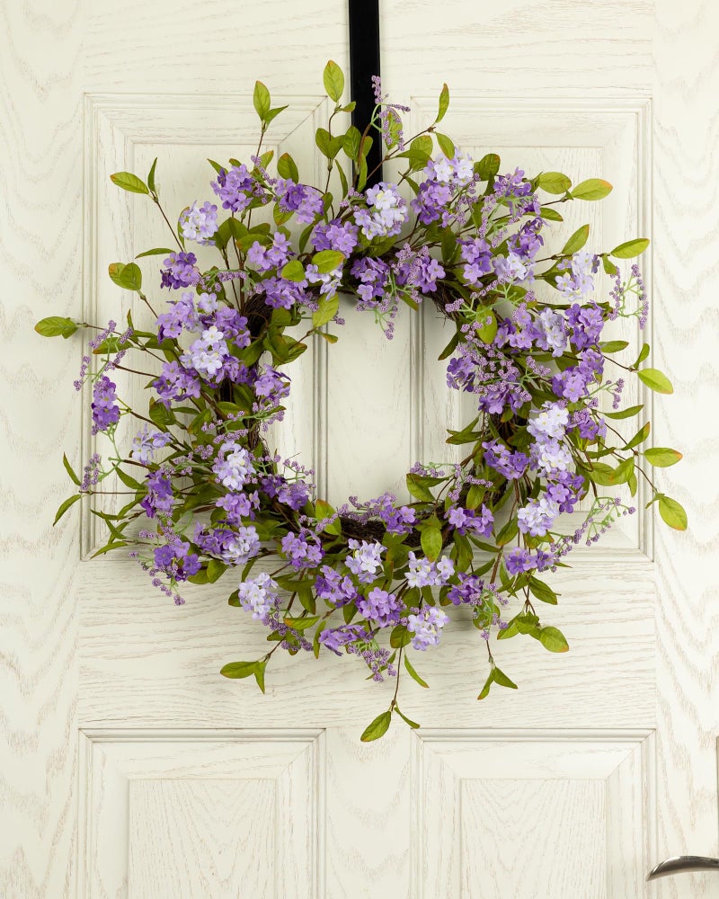 YUGALI 22" Spring Summer Wreath for Front Door, Artificial Lush Floral Purple Lilac Flowers Blooms Green Leaves Grapevine Base, Outdoor Indoor Wall Mount Home Decor - Image 2