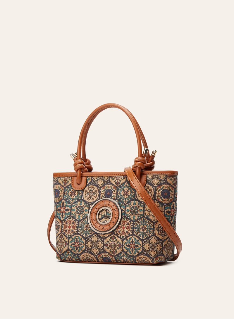 Women Vintage Tile Floral Print Tote Handbag, Knot Handle Shoulder Bag with Adjustable Detachable Crossbody Strap, Casual Daily Ladies Bag - Image 1