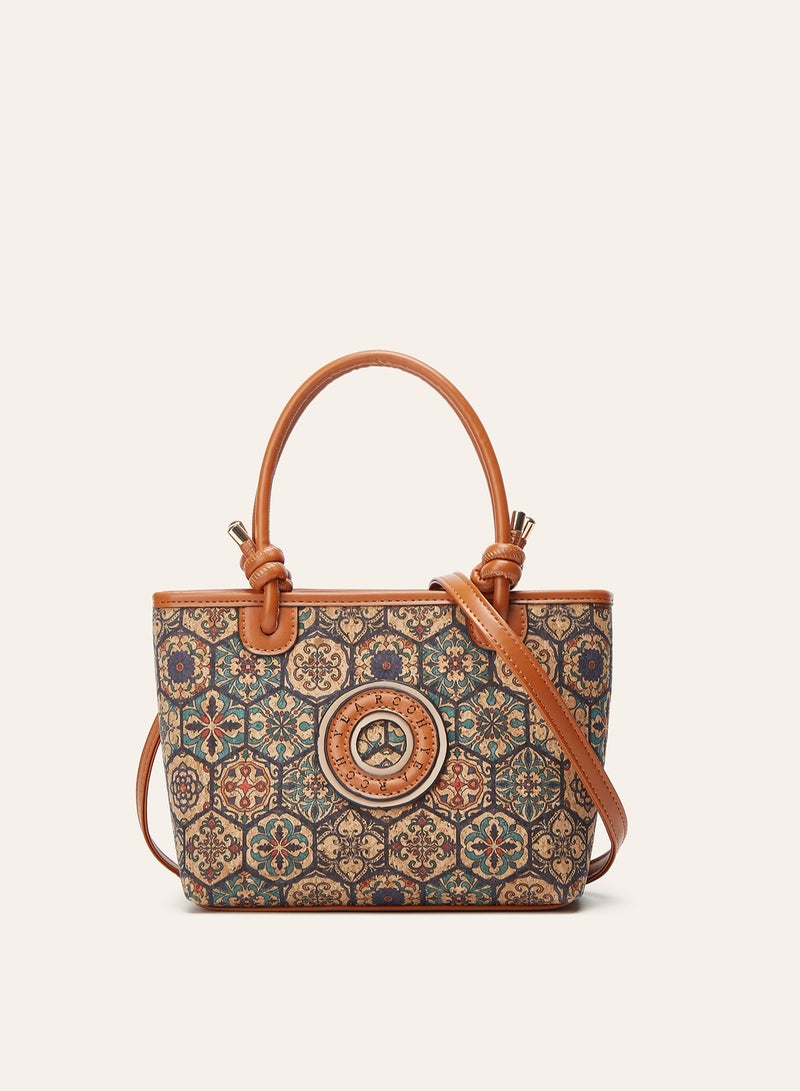 Women Vintage Tile Floral Print Tote Handbag, Knot Handle Shoulder Bag with Adjustable Detachable Crossbody Strap, Casual Daily Ladies Bag - Image 2