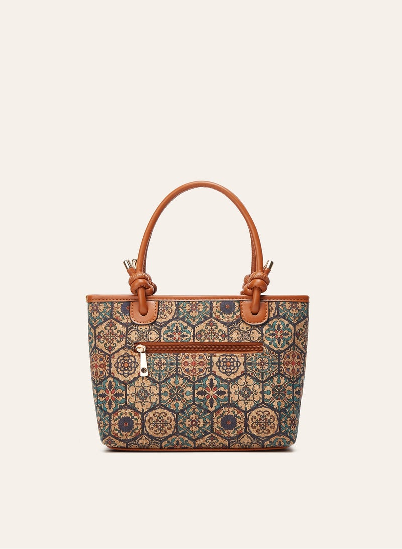 Women Vintage Tile Floral Print Tote Handbag, Knot Handle Shoulder Bag with Adjustable Detachable Crossbody Strap, Casual Daily Ladies Bag - Image 4