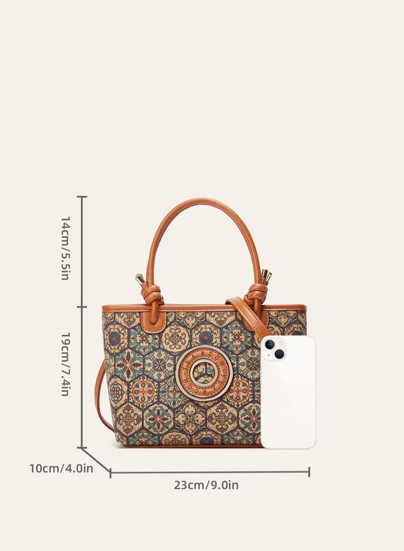 Women Vintage Tile Floral Print Tote Handbag, Knot Handle Shoulder Bag with Adjustable Detachable Crossbody Strap, Casual Daily Ladies Bag - Image 5