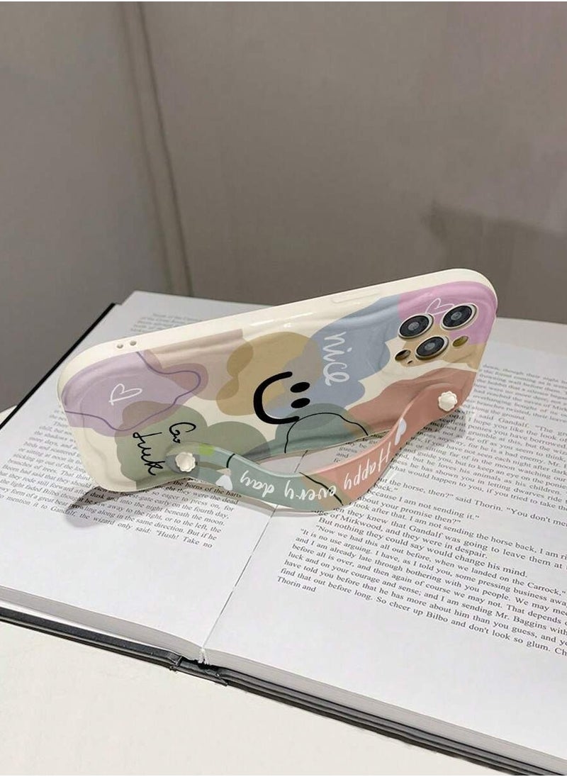 Generic - Phone Case With Strap 1pc Fashionable Wristband Phone Case With Thickened High Anti-Fall Protection, Smiling Face Print And Bracket Function, Compatible With iPhone15 Pro Max - Image 1
