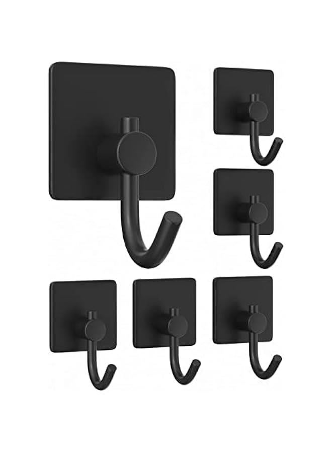 Self Adhesive Hooks,Heavy Duty Stick On Wall and Door Hooks for Hanging,Bathroom Towel Hooks and Kitchen Hallway Sticky Stainless Hooks,Coat Hooks Robe Hook Wall Mounted, 6 Pack (Black) - Image 1
