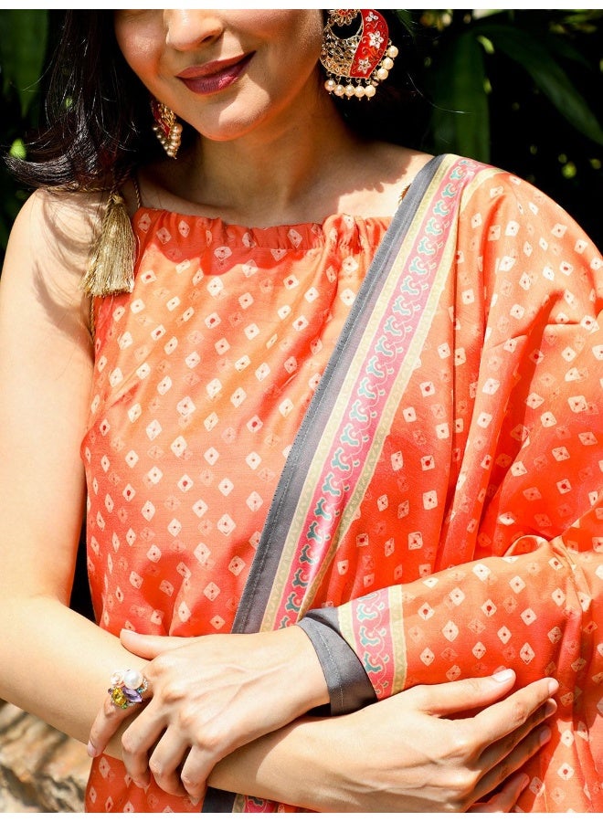 أيه كيه إس طقم كورتا حرير شانديري مطبوع بانداني بياقة مربوطة بدون أكمام من  كوتور مع دوباتا - Image 2