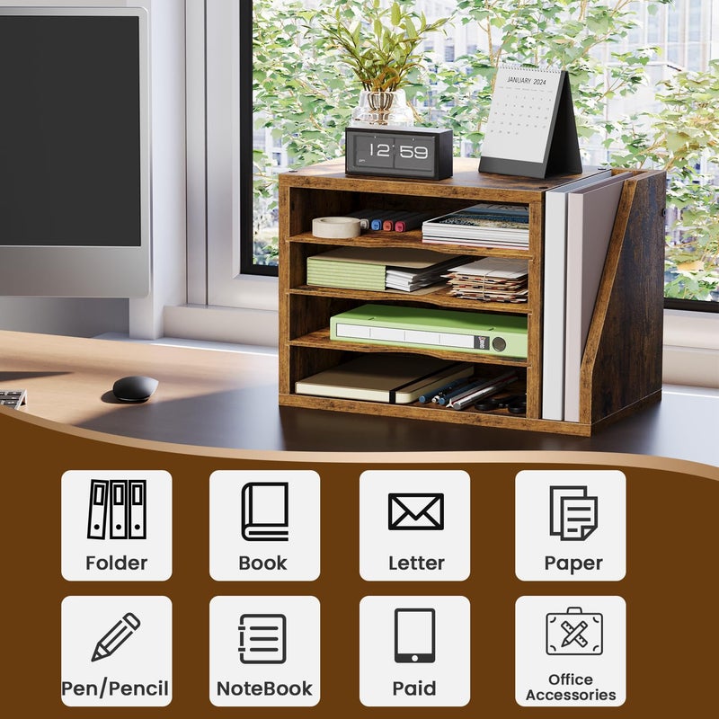 Creso hom Mail Sorter, File Organizer Desktop, Wood Desk Organizer with 3 Adjustable Shelves, Mail Holder for Office, Home, Letter Sorter File Holders for Envelopes, Supplies Magazines, Rustic Brown - Image 5