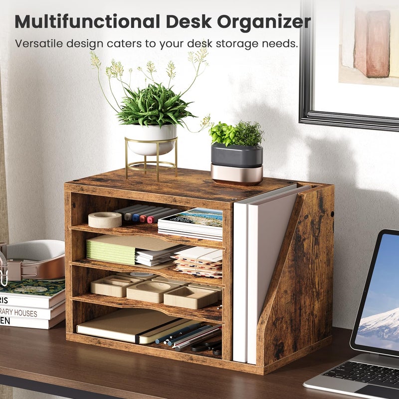 Creso hom Mail Sorter, File Organizer Desktop, Wood Desk Organizer with 3 Adjustable Shelves, Mail Holder for Office, Home, Letter Sorter File Holders for Envelopes, Supplies Magazines, Rustic Brown - Image 2