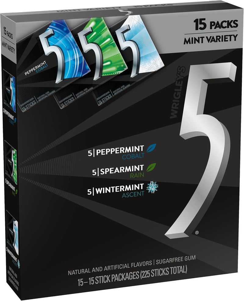 5 GUM Sugar-Free Chewing Gum Variety Pack - Peppermint Cobalt, Spearmint Rain, Wintermint Ascent - 15 Packs - Image 1