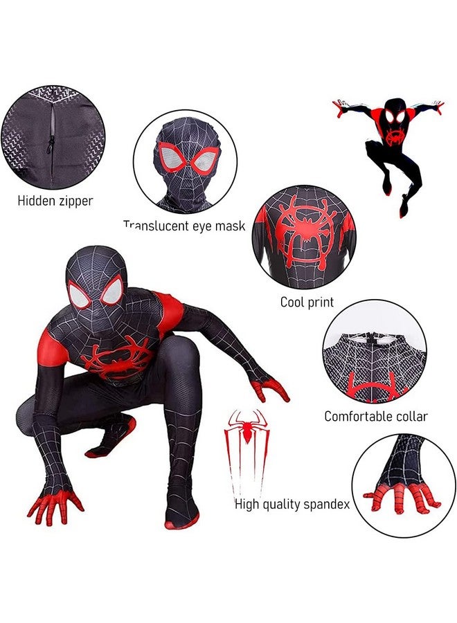 Fancyku Fancyku Spiderman Costume For Kids, Superhero Dress Spider Man Miles Morales Silk-Feel Fabric Jumpsuit For Halloween Cosplay Boys Gift, Black - Image 3