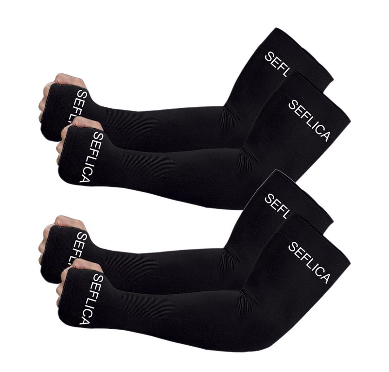 SEFLICA UV Sun Protection Cooling UPF 50 Compression Arm Sleeve for Men and Women With Thumb Hole, Arm Sleeves for Boys and Girls, For Tattoo Cover Up and Sports, 2 Pair - Black - Image 1