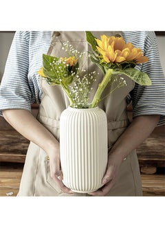 Garlo Tall 20CM White Ceramic Ribbed Vases for Home Decor Table Centerpieces, Geometric Design Decorative Flowers Vase, Desk Decor  - Image 2
