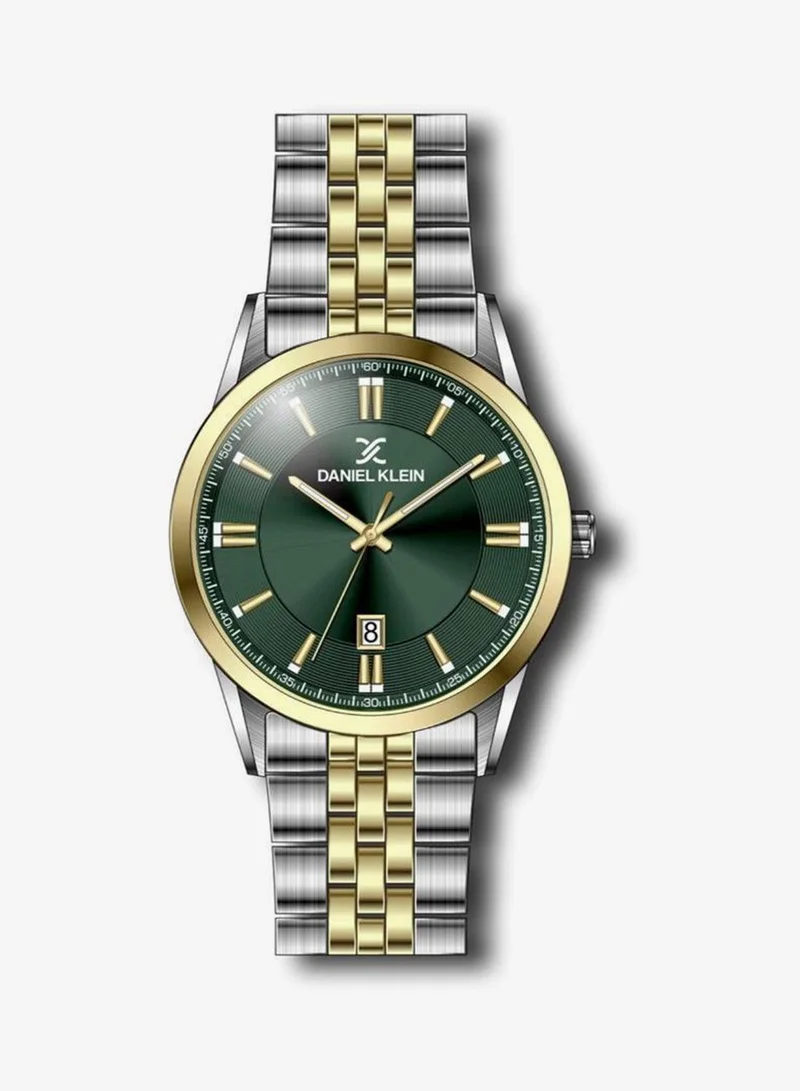 Daniel Klein Men's Stainless Steel Silver and Gold Steel Case Analog Dark Green Round Sunray Dial Japanese Quartz Steely 50 Meters Water Resistant
