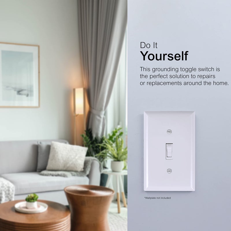 GE Grounding Toggle Switch, Single Pole, in Wall On/Off Fan & Light Switch Replacement, 15 Amp, Great for Home, Office & Kitchen, UL Listed, White, 54161 - Image 3