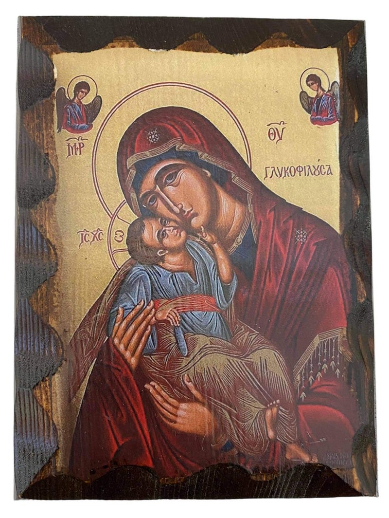 Mastic of Chios Handmade Greek Christian Orthodox Wood icon of Virgin Mary Glykofilousa (16 X 12cm or 6.3 X 4.7 In) Solid Wood - Image 1