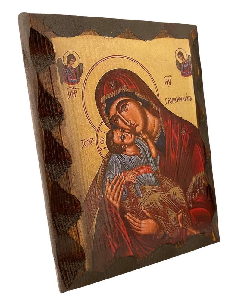 Mastic of Chios Handmade Greek Christian Orthodox Wood icon of Virgin Mary Glykofilousa (16 X 12cm or 6.3 X 4.7 In) Solid Wood - Image 2