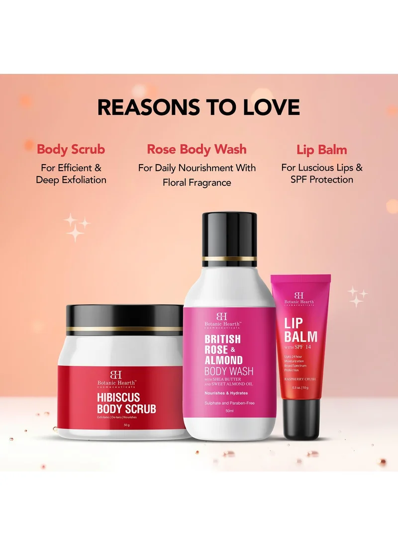 Botanic Hearth Botanic Hearth Gift Set of 3- Hibiscus Body Scrub - 60g | Raspberry Lip Balm - 10g | British Rose Body Wash - 50ml