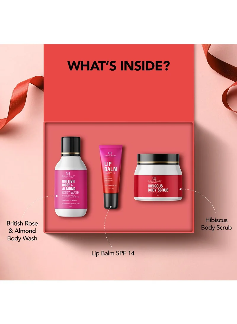Botanic Hearth Botanic Hearth Gift Set of 3- Hibiscus Body Scrub - 60g | Raspberry Lip Balm - 10g | British Rose Body Wash - 50ml