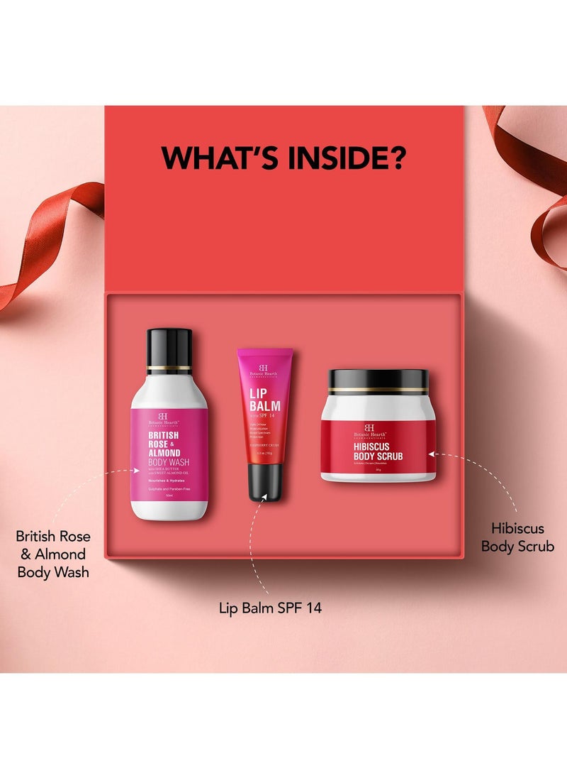 Botanic Hearth - Botanic Hearth Gift Set of 3- Hibiscus Body Scrub - 60g | Raspberry Lip Balm - 10g | British Rose Body Wash - 50ml - Image 1