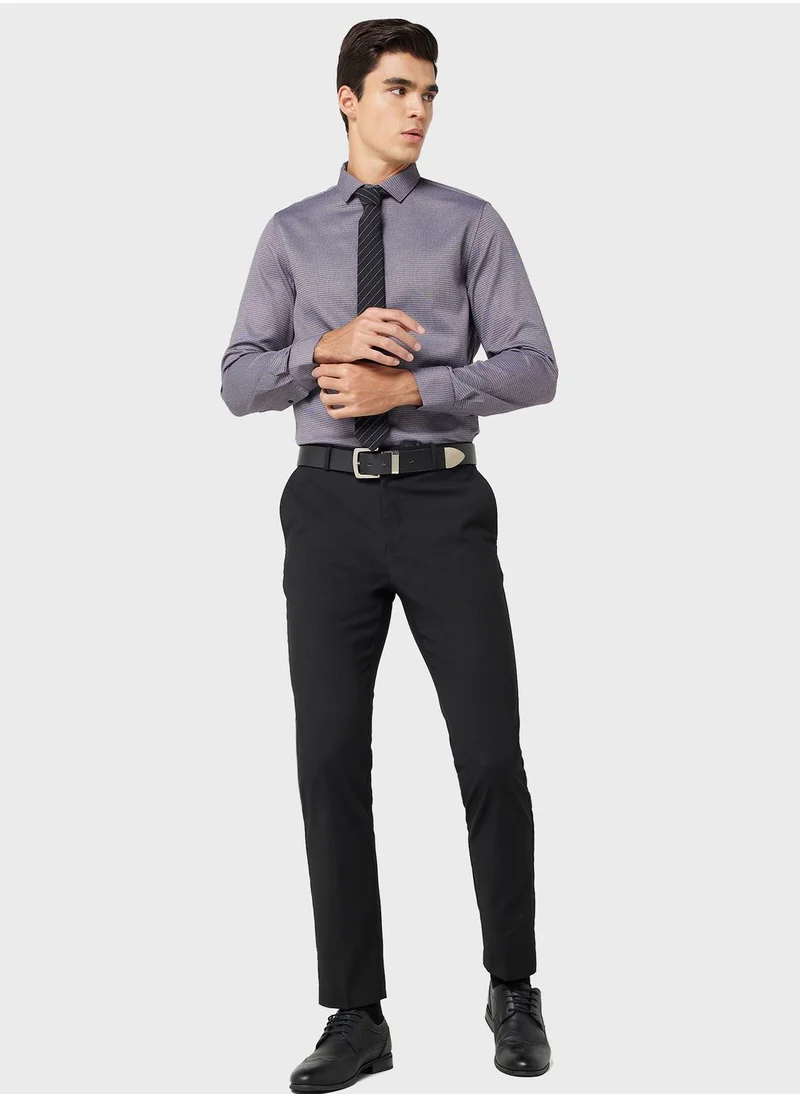 روبرت وود Men Easy Care Grey Black Self Design Sustainable Formal Shirt