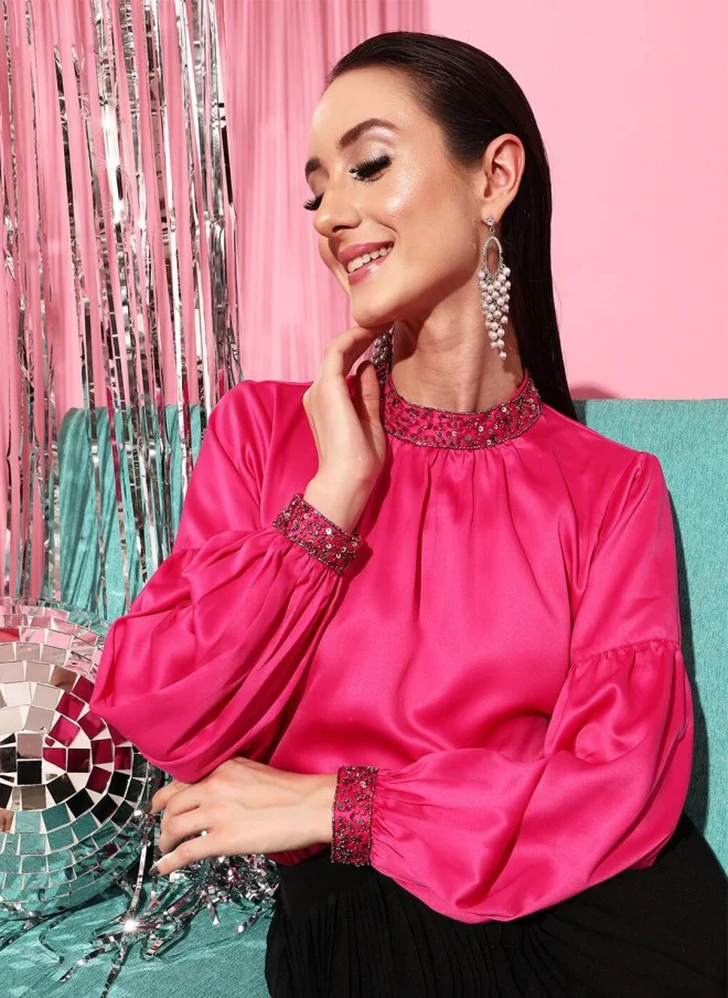 STREET 9 بلوزة ساتان فوشيا للنساء