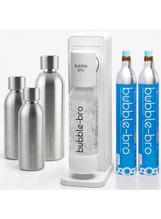 بابل-برو Bubblebro Origin Stainless Steel Edition - يأتي مع أسطوانتين من ثاني أكسيد الكربون سعة 60 لترًا، وزجاجة إضافية من الفولاذ المقاوم للصدأ سعة 1 لتر وزجاجتين من الفولاذ المقاوم للصدأ سعة 500 مل - إصدار محدود (أبيض) - Image 1