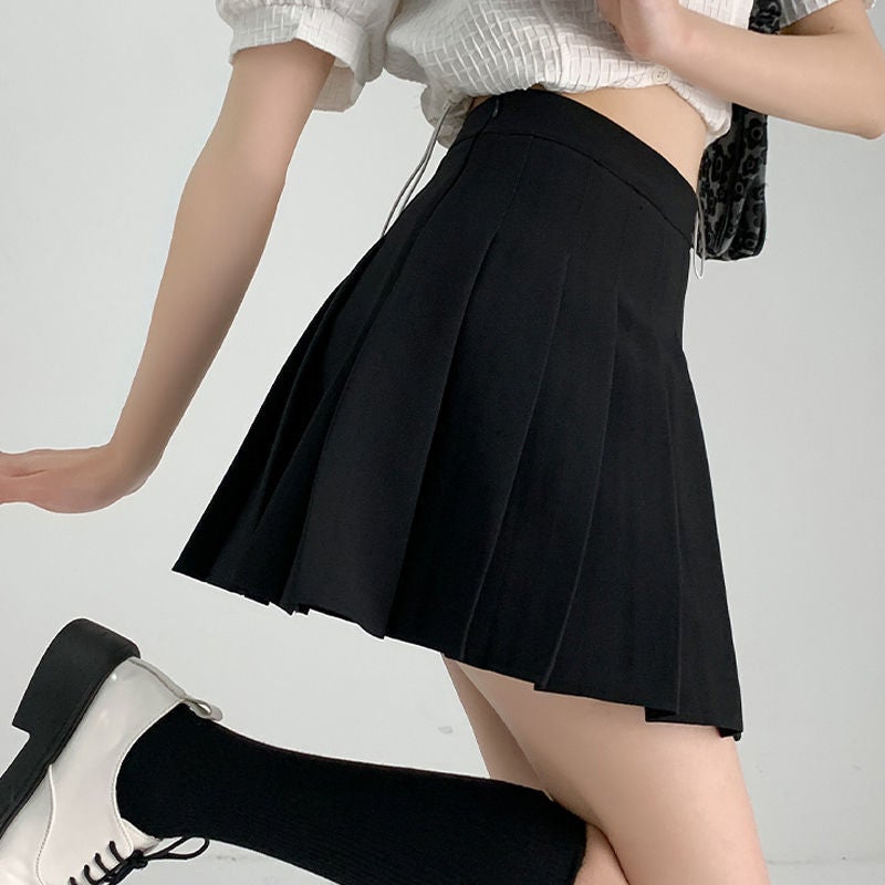 Pleated Skirt Womens Spring/Autumn/Summer 2022 New Black Skirt High Waist Small a-Shape Slim JK Skirt Black [suit fabric] comes with safety pants