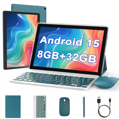 Coopers Android 15 Tablet 10 inch 2 in 1 Tablet with Keyboard 8GB RAM32GB ROM Support 1TB Expandable Tablets PC QuadCore CPU HD Screen BT WiFi Long Battery Life Tablets with Case Mouse Stylus Navy - Image 1