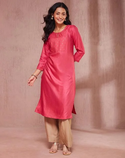 Fabindia Pink Viscose Silk Embroidered Long Kurta
