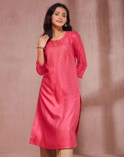 Fabindia Pink Viscose Silk Embroidered Long Kurta