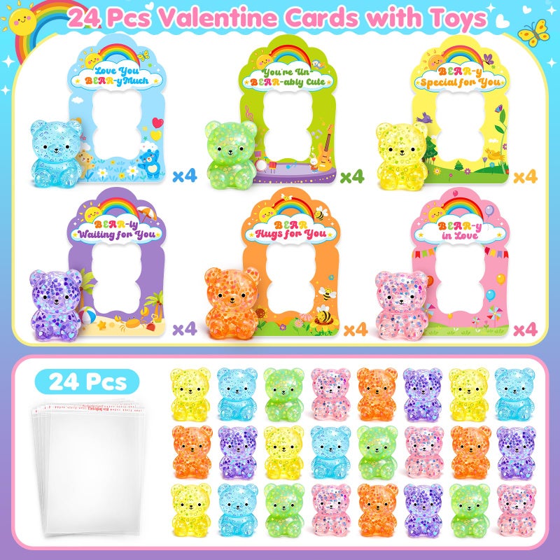 Ellinjan Valentines Day Gifts for Kids Classroom School, 24 Packs Valentines Day Card with Squeeze Bear Toys, Valentine Kids Party Favor Prizes Stuffers, Ideal Exchange Gift for Boys Girls - Image 2