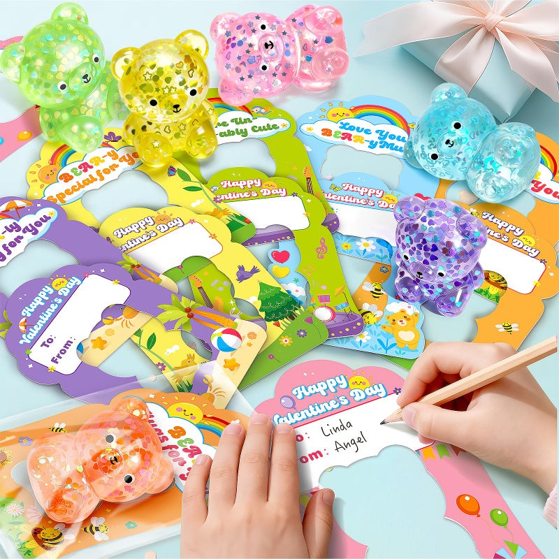 Ellinjan Valentines Day Gifts for Kids Classroom School, 24 Packs Valentines Day Card with Squeeze Bear Toys, Valentine Kids Party Favor Prizes Stuffers, Ideal Exchange Gift for Boys Girls - Image 5