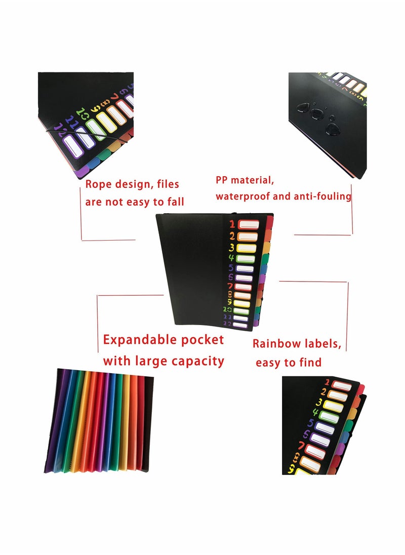 Colored File Folders,Accordian File Organizer Black Cover with 24 Pockets, A4 Letter Size Expanding Hold 240 Sheets, with Rainbow Tabs Suitable for School Office Travel