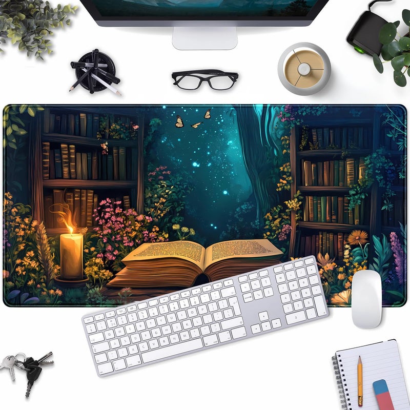 YKJWW Gothic Desk Mat Gaming Desk Pad Blue Forest Large Mouse Pad, Mysterious Library Mouse Mat XXL Laptop Keyboard Pad, Vintage Gamer Mouse Pad Full Mousepads for School Office Home 31.5"x15.7" - Image 1