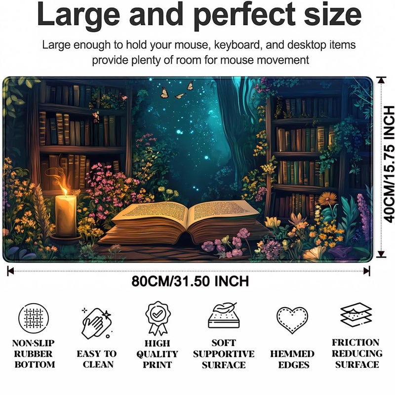 YKJWW Gothic Desk Mat Gaming Desk Pad Blue Forest Large Mouse Pad, Mysterious Library Mouse Mat XXL Laptop Keyboard Pad, Vintage Gamer Mouse Pad Full Mousepads for School Office Home 31.5"x15.7" - Image 3