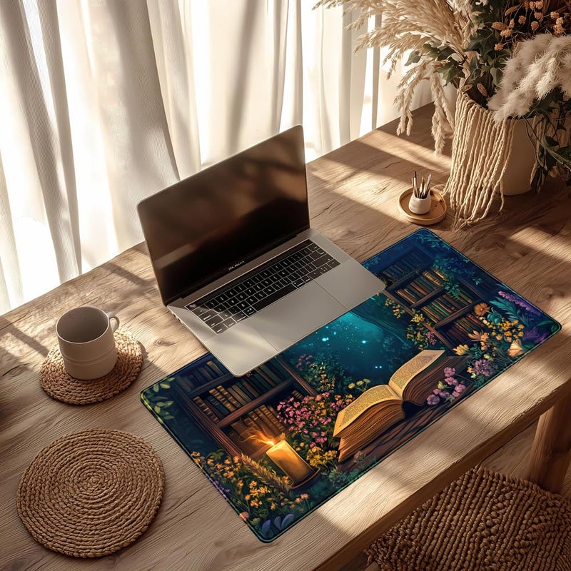 YKJWW Gothic Desk Mat Gaming Desk Pad Blue Forest Large Mouse Pad, Mysterious Library Mouse Mat XXL Laptop Keyboard Pad, Vintage Gamer Mouse Pad Full Mousepads for School Office Home 31.5"x15.7" - Image 5