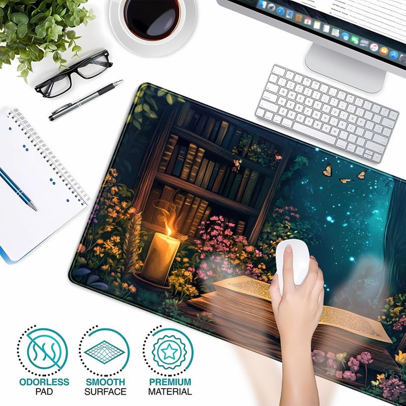 YKJWW Gothic Desk Mat Gaming Desk Pad Blue Forest Large Mouse Pad, Mysterious Library Mouse Mat XXL Laptop Keyboard Pad, Vintage Gamer Mouse Pad Full Mousepads for School Office Home 31.5"x15.7" - Image 2