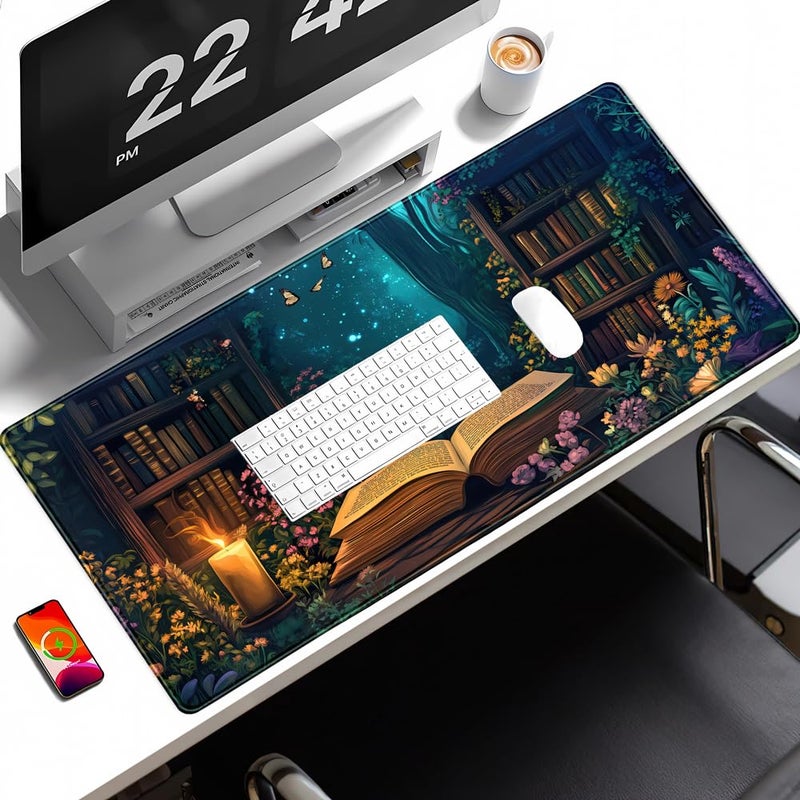 YKJWW Gothic Desk Mat Gaming Desk Pad Blue Forest Large Mouse Pad, Mysterious Library Mouse Mat XXL Laptop Keyboard Pad, Vintage Gamer Mouse Pad Full Mousepads for School Office Home 31.5"x15.7" - Image 4