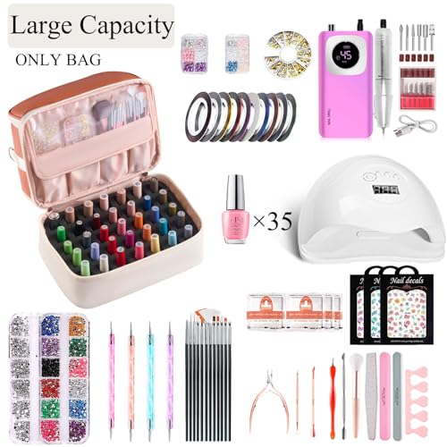 CTWWFS Nail Polish Organizer Holds 35 Bottles & Nail Lamp, Nail Organizers and Storage, Double Layer Nail Bag with Handle & Shoulder Strap for Travel, Nail Supplies Organizer for Manicure Kit (Brown+Beige) - Image 2