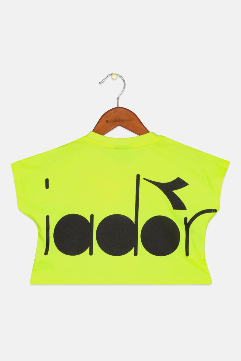 DIADORA Kids Girl Crew Neck Cap Sleeve Brand Logo Crop Top, Neon Yellow - Image 2
