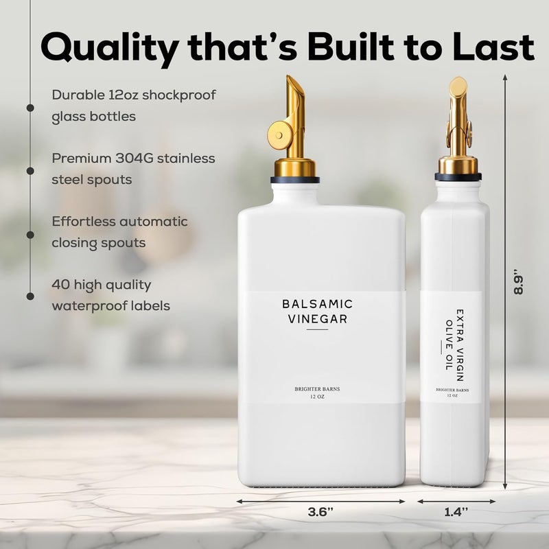 Brighter Barns White Glass Olive Oil Dispenser Bottle for Kitchen by - Avocado Oil Dispenser Set, Vanilla Syrup Bottle - Modern Decor, Gold Kitchen Accessories for Airbnb, Cafe (White/Gold, Set of 2) - Image 3