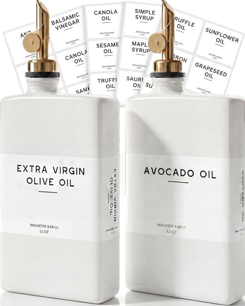 Brighter Barns White Glass Olive Oil Dispenser Bottle for Kitchen by - Avocado Oil Dispenser Set, Vanilla Syrup Bottle - Modern Decor, Gold Kitchen Accessories for Airbnb, Cafe (White/Gold, Set of 2) - Image 1