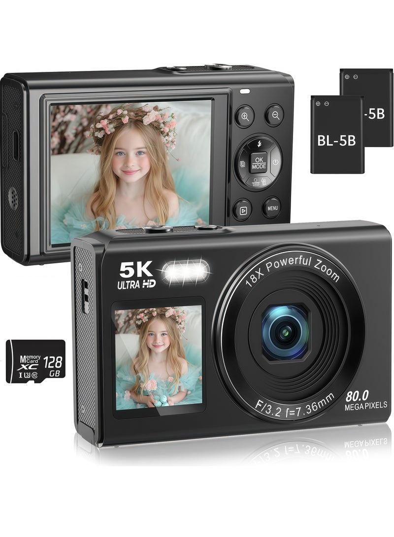 Dual Screen 5K Digital Camera for Vlogging with Fill Light - 80MP, 16X Zoom, WiFi, YouTube/Blogging, Includes 128GB Card & 2 Batteries (X9-Black) - Image 1