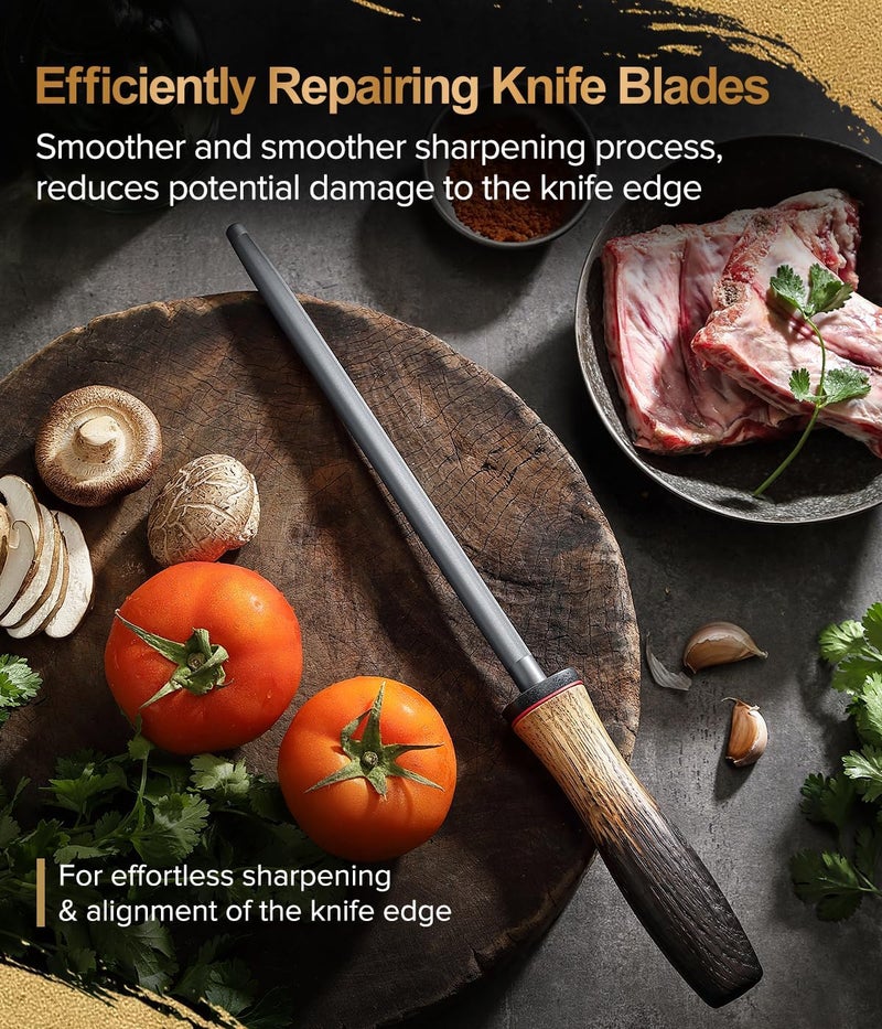 XINZUO 9.1 Inch Knife Sharpener Rod,High-Carbon Steel Hard Chrome Plating Honing Rod For Various Kitchen Knives Grinding, Pruning Shears With White Oak + Red G10 Gasket Handle - Image 4